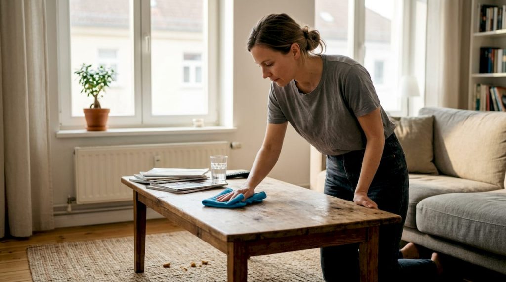 Kobieta przeciera blat stołu miękką ściereczką z mikrofibry, dbając o czystość i porządek w domu.