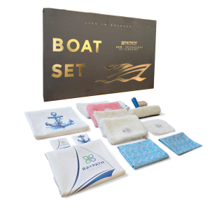 A Boat Set box is displayed with assorted cleaning cloths, pads, a blue mitt, a small blue brush, and an anchor-print cloth arranged in front.