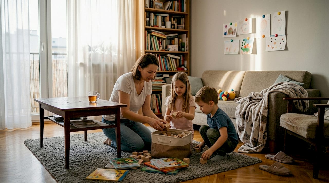 Rano cała rodzina wspólnie sprząta salon, zamieniając codzienne obowiązki w okazję do rozmów i śmiechu.