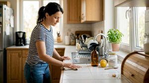 Kobieta sprząta kuchnię, korzystając z domowych sposobów i naturalnych składników, które każdy ma pod ręką.