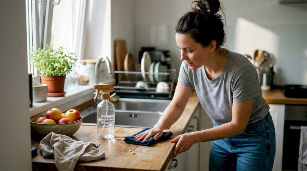 Kobieta przeciera blat kuchenny ekologicznym środkiem czystości.
