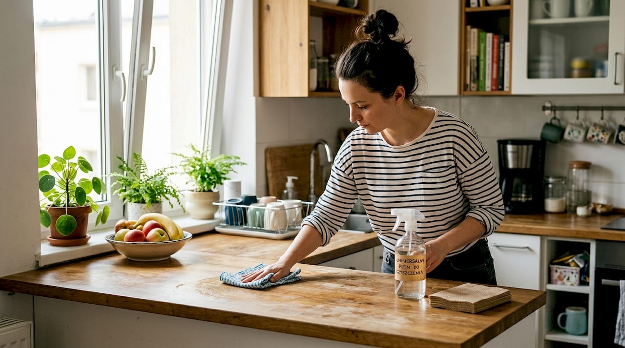 Kobieta korzystająca z ekologicznych, biodegradowalnych produktów podczas codziennych czynności w kuchni.