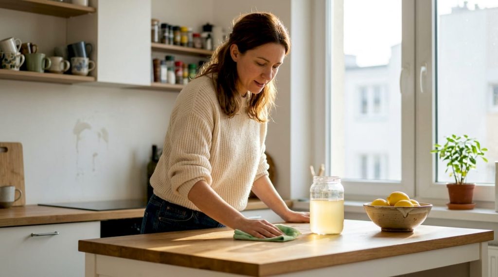 Kobieta sprząta kuchnię, korzystając z własnoręcznie przygotowanego ekologicznego środka czystości.