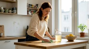 Kobieta sprząta kuchnię, korzystając z własnoręcznie przygotowanego ekologicznego środka czystości.