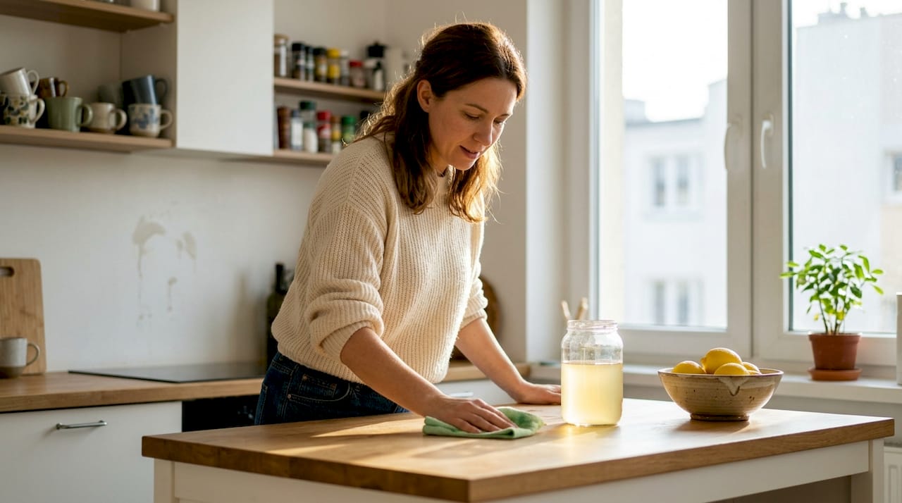 Kobieta sprząta kuchnię, korzystając z własnoręcznie przygotowanego ekologicznego środka czystości.