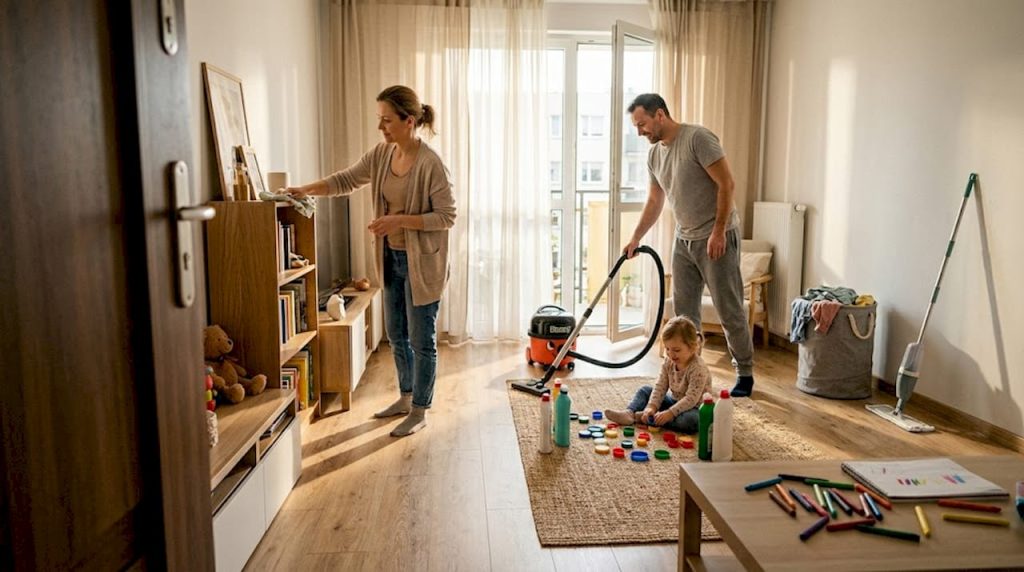 Cała rodzina zabrała się za wspólne porządki razem z dzieckiem.