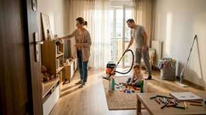 Cała rodzina zabrała się za wspólne porządki razem z dzieckiem.