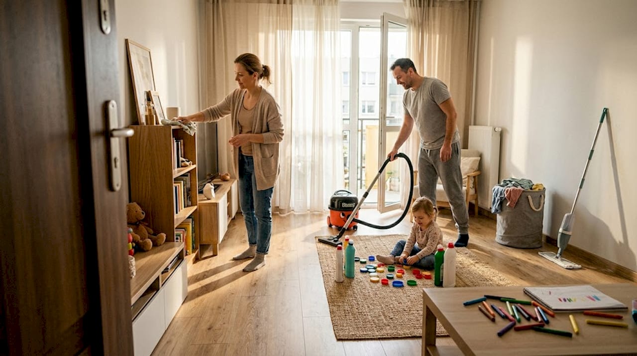 Cała rodzina zabrała się za wspólne porządki razem z dzieckiem.