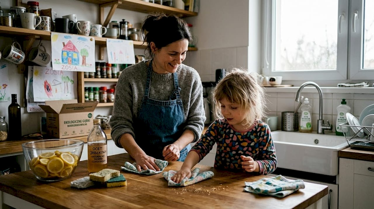 Rodzic wspólnie z dzieckiem sprzątają kuchnię, zamieniając codzienne obowiązki w okazję do rozmowy i dobrej zabawy.